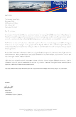 ACA Letter to Secretary of State Marco Rubio – Armenian Council of America